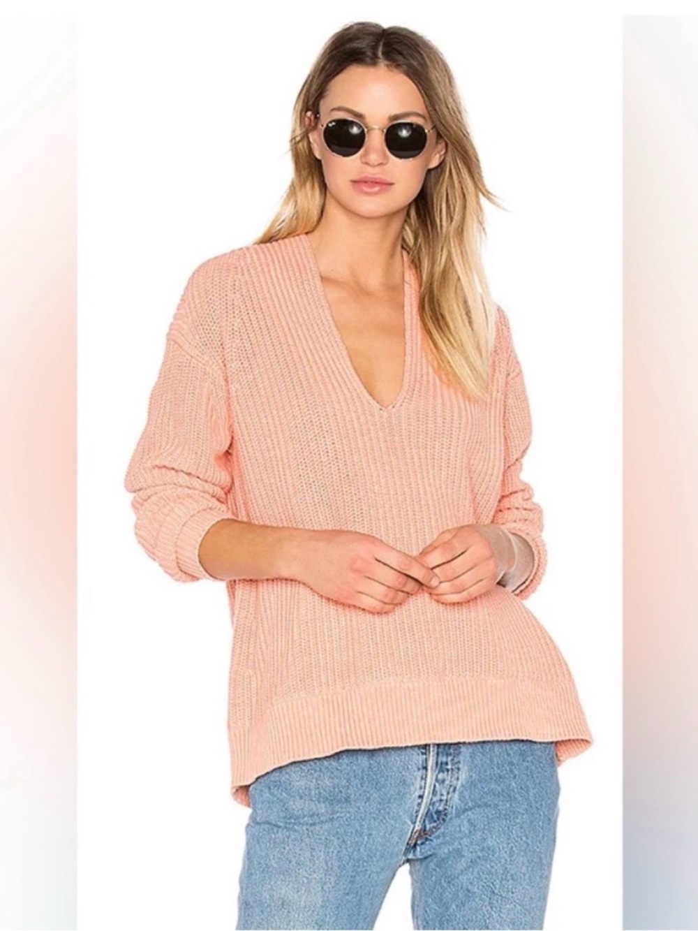 Alexander Wang Charente Ribbed Knit Deep V Neck Oversized Sweater in Salmon XS